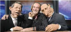  ??  ?? This file photo shows Yves Lecoq, center, comedian, imitator and voice of a satirical puppet show broadcast the Canal + ‘Guignols de líInfo’, posing with the puppets of French journalist and TF1 presenter Patrick Poivre d’Arvor, left, and former French...