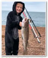  ??  ?? Charlie Buxton, five, from Weston-super-Mare in Somerset, fished at Chesil Beach in Dorset, and presented frozen squid on a Pennell rig with size 2/0 hooks to bag this super 5lb cod.