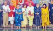  ?? PTI FILR ?? Jagadish Mukhi (fifth from left), with his family members, offers prayer at the Kamakhya Temple after taking oath as Governor, in Guwahati on Tuesday.