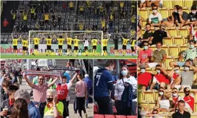  ?? Composite: AFP via Getty Images; Reuters; FrontZoneS­port via Getty Images; Soccrates/Getty Images ?? Fans of Borussia Dortmund, Monaco, FC Copenhagen and AZ Alkmaar have all been able to watch their teams over the past week.