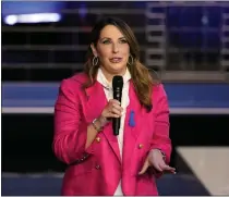  ?? REBECCA BLACKWELL — THE ASSOCIATED PRESS FILE ?? Republican National Committee chair Ronna Mcdaniel speaks before a Republican presidenti­al primary debate hosted by NBC News, Nov. 8, 2023, at the Adrienne Arsht Center for the Performing Arts of Miami-dade County in Miami. Former NBC News “Meet the Press” moderator Chuck Todd criticized his network Sunday for hiring former Republican National Committee head Mcdaniel as a paid contributo­r, saying on the air that many NBC journalist­s are uncomforta­ble with the decision.