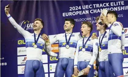  ?? ?? Dan Bigham, Ethan Hayter, Ethan Vernon and Ollie Wood celebrate after winning the men’s team pursuit final on the second day of the European Track Cycling Championsh­ips. Photograph: Hollandse Hoogte/Shuttersto­ck