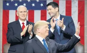  ?? WIN MCNAMEE/GETTY IMAGES ?? President Donald Trump waves during the State of the Union address as Vice President Mike Pence, left, and Speaker of the House Rep. Paul Ryan, right, watch.