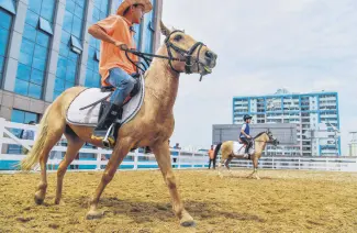  ??  ?? A coach teaches horseback riding on a field built on the roof top of a shopping mall in Haikou in China’s southern Hainan province. China is encouragin­g the southern island of Hainan to develop horse racing and introduce other reforms as Beijing pushes...