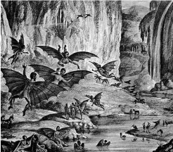  ??  ?? ABOVE: Some of the Moon’s remarkable inhabitant­s, as pictured in an illustrati­on in the New York Sun of 1835.