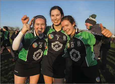  ??  ?? Alanna Maunsell, Aine O’Connor and Jessica Fitzell celebratin­g after claiming the All Ireland Junior Club Camogie Championsh­ip last December Photo by Tom O’Hanlon / Inpho