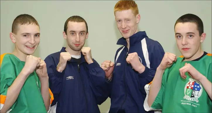  ??  ?? Shane Hutchinson, (Left) Gerard Durkin, David Mathews and Richard McDonald members of Cobra Kan Kick Boxing Club who were very successful at the IASKA National Eliminatio­ns held in Dublin in 2003.