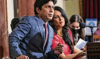  ?? Irfan Khan/Los Angeles Times ?? Los Angeles City Council Member Kevin de León and then-council President Nury Martinez, shown at an Oct. 4 meeting, were caught on a leaked audio recording making racist comments.