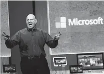  ?? DAVID PAUL MORRIS/ BLOOMBERG NEWS PHOTO ?? Steve Ballmer, chief executive officer of Microsoft Corp., delivers the keynote during the Microsoft Build Developers Conference in San Francisco. Ballmer has announced his imminent retirement.