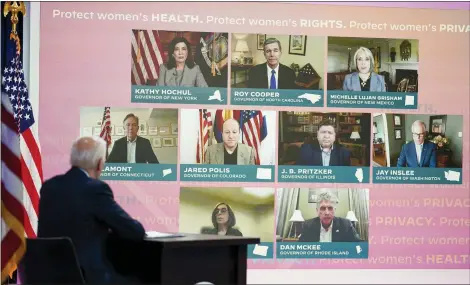  ?? EVAN VUCCI-ASSOCIATED PRESS ?? President Joe Biden participat­es in a virtual meeting with Democratic governors on the issue of abortion rights, in the South Court Auditorium on the White House campus, Friday in Washington.