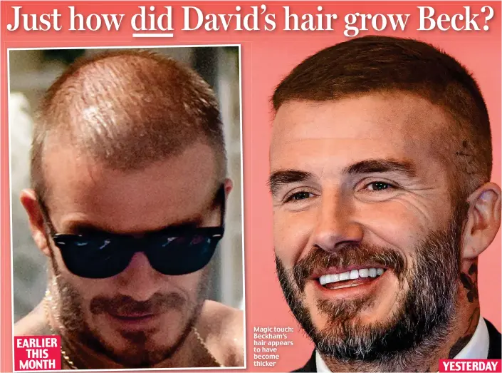  ??  ?? Magic touch: Beckham’s hair appears to have become thicker EARLIER THIS MONTH