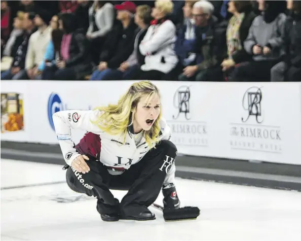  ?? DANIEL KATZ ?? Skip Jennifer Jones instructs her sweepers during semifinal action Friday at the 2017 Pinty’s TSN All-Star Skins Game against Calgary’s Chelsea Carey in Banff. Jones, who was eliminated in the Manitoba Scotties less than a week ago, ended up winning...