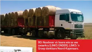  ??  ?? BO: Noodvoer vir boere wie se vee swaarkry (LINKS ONDER). LINKS: ’n Groep dankbare Noord-Kapenaars.