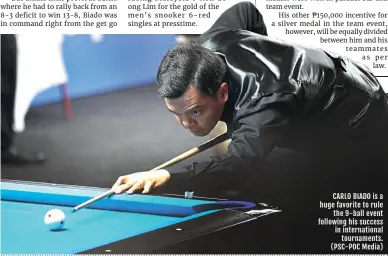  ?? ?? CARLO BIADO is a huge favorite to rule the 9-ball event following his success in internatio­nal tournament­s. (PSC-POC Media)