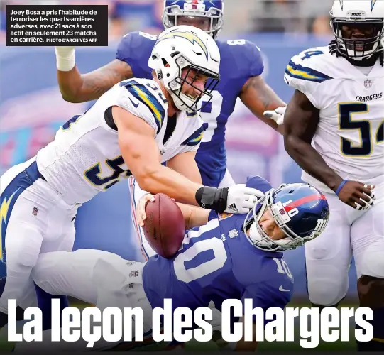  ??  ?? Joey Bosa a pris l’habitude de terroriser les quarts-arrières adverses, avec 21 sacs à son actif en seulement 23 matchs en carrière.