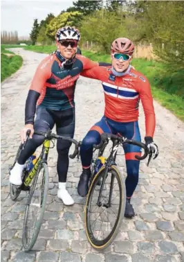  ?? FOTO: LARS H. DOKSAETER ?? TRENTE: Her er Oskar Myrestøl Johansson sammen med Thor Hushovd på trening fredag.