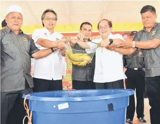  ??  ?? Uggah (second right) joins Robert (on his right) and Mohammad Razi (second left) in a photo-call where they fish out some ‘Ikan Buntal’ from a tank.