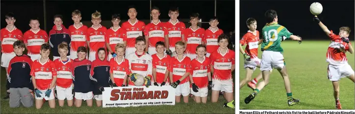  ??  ?? The Fethard squad who were unfortunat­e to lose both New Ross Standard Under-14 Division 2 championsh­ip finals. Morgan Ellis of Fethard gets his fist to the ball before Pádraig Kinsella pounces for Buffers Alley.