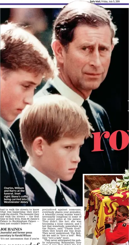  ??  ?? Charles, William and Harry at the funeral. Inset right: Diana’s coffin being carried into Westminste­r Abbey