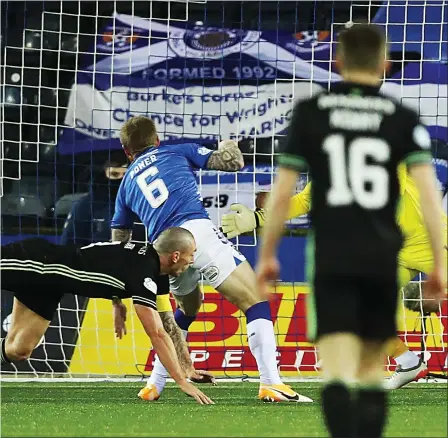  ??  ?? Scott Brown opens the scoring with a header (main), while Albian Ajeti (left) added the fourth for Celtic last night