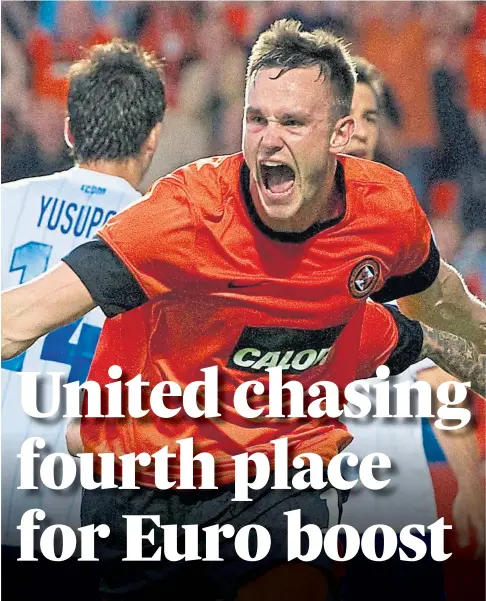  ?? ?? PASSION: Keith Watson puts United in front in a Europa League qualifier against Dynamo Moscow in 2012.