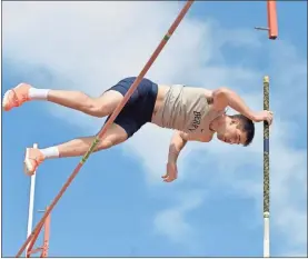  ?? Brant Sanderlin, Berry College ?? Former Gordon Lee Trojan Braden Jarvis clears the bar during a meet at Berry College’s Valhalla Stadium on March 6. Jarvis was recently named as one of the SAA’s Men’s Track Athletes of the Week.