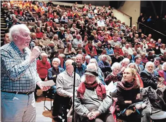  ?? CLIFFORD SKARSTEDT/EXAMINER FILE PHOTO ?? Roy Brady asks a question to the panel during a public informatio­n meeting for the potential sale of Peterborou­gh Distributi­on Inc. to Hydro One Inc.on March 3, 2016 at Market Hall.