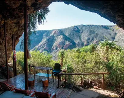  ??  ?? IN THE KLOOF (clockwise from above). The Alwynbak is one of the caves on Henriëtte Terblance’s farm Rietfontei­n. On the inside each cave is well appointed. At the BaviJAANS farm stall you can grab some coffee and snacks. Parts of the valley have...