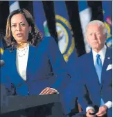  ?? AFP ?? ■
Senator Kamala Harris speaks as a Democratic vice-presidenti­al nominee as Joe Biden looks on at an event in Delaware.
