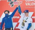  ?? AFP ?? Suzuki’s Davide Brivio celebrates with Joan Mir at Valencia in November.