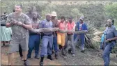  ??  ?? Fanie Cilliers, Ladysmith’s snake catcher, holds the head of the 4.3M long African rock python caught eating a local man’s goat. He has rescued at least 30 of these creatures.