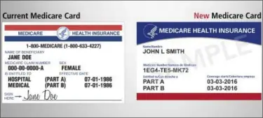  ?? CENTERS FOR MEDICARE & MEDICAID SERVICES VIA AP ?? This is what the new Medicare card, right, will look like, compared to the current one at left. The cards are getting a makeover to fight identity theft. No more Social Security numbers will be placed on the card. Next April, Medicare will begin...