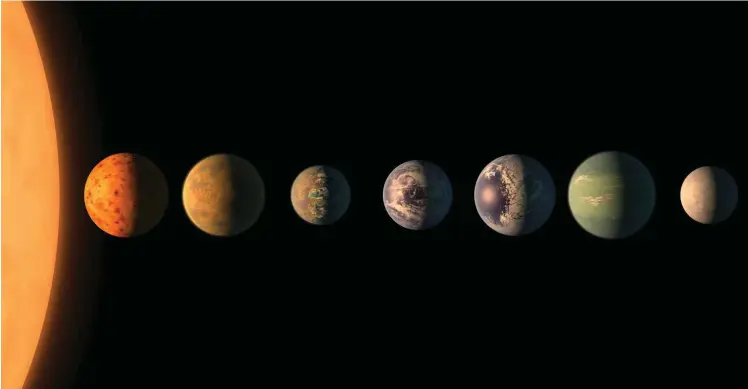  ?? Foto: NASA/JPL-Caltech/gemeinfrei ?? Auf mehreren der Planeten des 40 Lichtjahre von uns entfernten Zwergstern­s Trappist-1 gibt es immerhin Wasser, eine Grundbedin­gung des Lebens, wie wir es kennen.