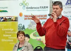  ??  ?? George Graham from Embrace at the Family Farm Safety Day at Gurteen Agricultur­al College with Imelda Walsh, Chairperso­n of the North Tipperary IFA.