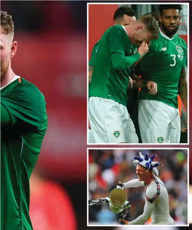  ??  ?? New kid intown: Aiden O’Brien acknowledg­es the Irish supporters after Ireland’s draw against Poland. Inset (top): An emotional O’Brien after scoring his debut goal, (below) the Millwall man celebrates the club’s promotion last year