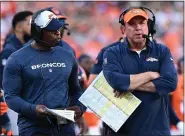  ?? RJ SANGOSTI — THE DENVER POST ?? Broncos defensive coordinato­r Vance Joseph, left, and head coach Sean Payton walk the sideline during the second half of the game at Empower Field at Mile High on Oct. 22, 2023 in Denver.