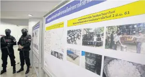  ?? APICHIT JINAKUL ?? The Office of the Narcotics Control Board displays photos showing the seizure of 15 tonnes of sodium cyanide, which can be use as a drug precursor, in Myanmar’s border town of Tachileik. The substance was transporte­d across a border in Chiang Rai by...