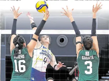  ?? —AUGUST DELA CRUZ ?? Bella Belen (No. 4) of National U pierces the La Salle double block and finishes with 14 attack points for the vengeful Lady Bulldogs.