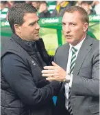  ?? Pictures: Getty. ?? Linfield keeper Roy Carroll watches on as Scott Sinclair opens the scoring after four minutes; Olivier Ntcham skips away from Mark Haughey’s challenge; Celtic manager Brendan Rodgers, right, shakes hands with Linfield boss David Healy.