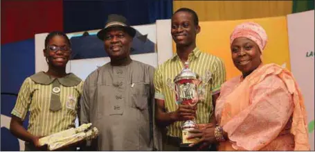  ??  ?? .L-R: A representa­tive of Lagos State Model College , Kankon, Miss Jennifer Nwoye, Permanent Secretary, Ministry of Education, Mr. Adesina Odeyemi, another representa­tive of the school, Master John Olumide and Permanent Secreatry District V, Mrs. Anike...