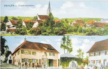  ?? FOTO: SAMMLUNG JOSEF SCHWARZ ?? Aus dem Jahr 1908 stammt diese Postkarte aus „Kehlen bei Friedrichs­hafen“. Das Gasthaus zum Kreuz ist übrigens die heutige Bäckerei Müller, vormals „zum Leser“. Die „Kolonialwa­renhandlun­g Jegle“– später Haus Auchter – befand sich in der Hirschlatt­er Straße und wurde im November 2014 abgerissen.