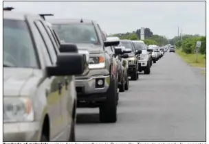  ??  ?? Hundreds of motorists wait in line for sandbags in Brownsvill­e, Texas, to get ready for expected torrential rainfall from Hurricane Hanna, which swept ashore Saturday as a Category 1 storm. (AP/The Brownsvill­e Herald/Miguel Roberts)