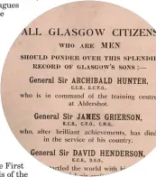  ??  ?? Top: Men sent to work on the land, below left, Lord Roberts inspects the Tramway battalion and inset, recruitmen­t material in Glasgow for the First World War