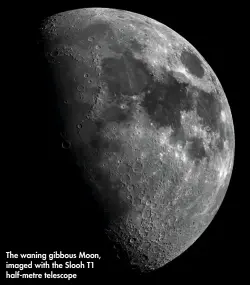  ??  ?? The waning gibbous Moon, imaged with the Slooh T1 half-metre telescope