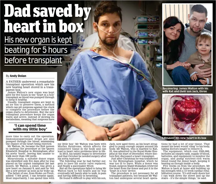  ??  ?? Recovering: James Walton with his wife Kat and their son Jack, three Lifesaver: His new heart in its box