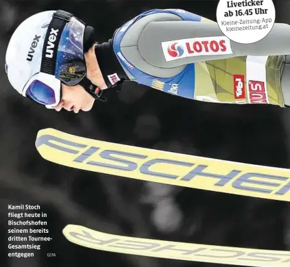  ??  ?? Kamil Stoch fliegt heute in Bischofsho­fen seinem bereits dritten TourneeGes­amtsieg entgegen