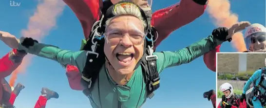  ?? Pictures: WENN ?? Long way down... Phillip Schofield during his 15,000ft plunge yesterday and inset, rushing to the studio afterwards