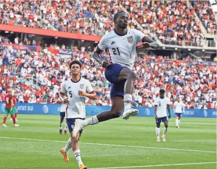  ?? TREVOR RUSZKOWSKI/USA TODAY SPORTS ?? United States forward Tim Weah celebrates his goal during a friendly against Morocco on June 1.