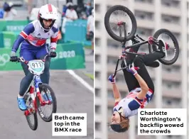  ??  ?? Beth came top in the BMX race
Charlotte Worthingto­n’s backflip wowed the crowds