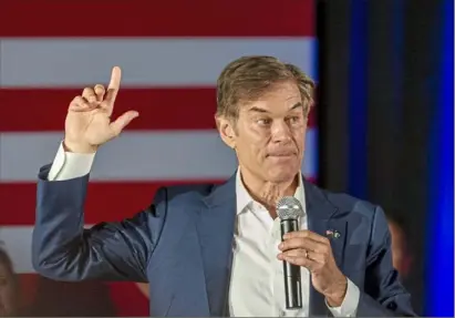  ?? Ariana Shchuka/Post-Gazette ?? Senate nominee Dr. Mehmet Oz, R-Pa., speaks to supporters at the “Victory in November” Rally on June 13 at Level 20 Restaurant, Bar, & Banquet in Bethel Park.